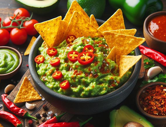 Guacamole picante con nachos, pimientos cayena y salsa tabasco